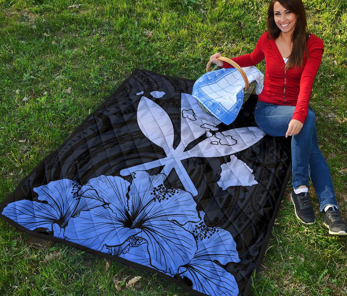 Hawaiian Kanaka Premium Quilt Hibiscus Polynesian Love Blue - Polynesian Pride