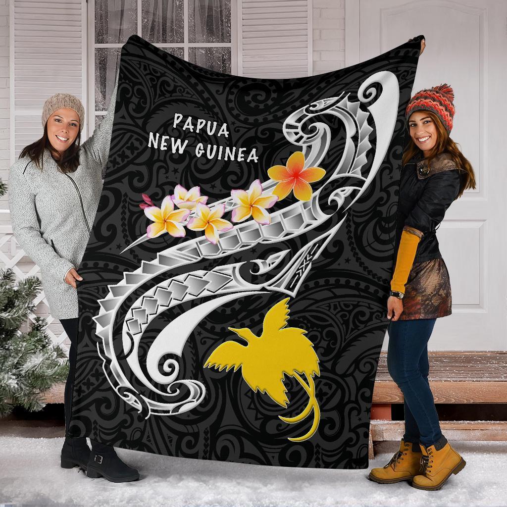 Papua New Guinea Premium Blanket - PNG Seal Polynesian Patterns Plumeria (Black) - Polynesian Pride