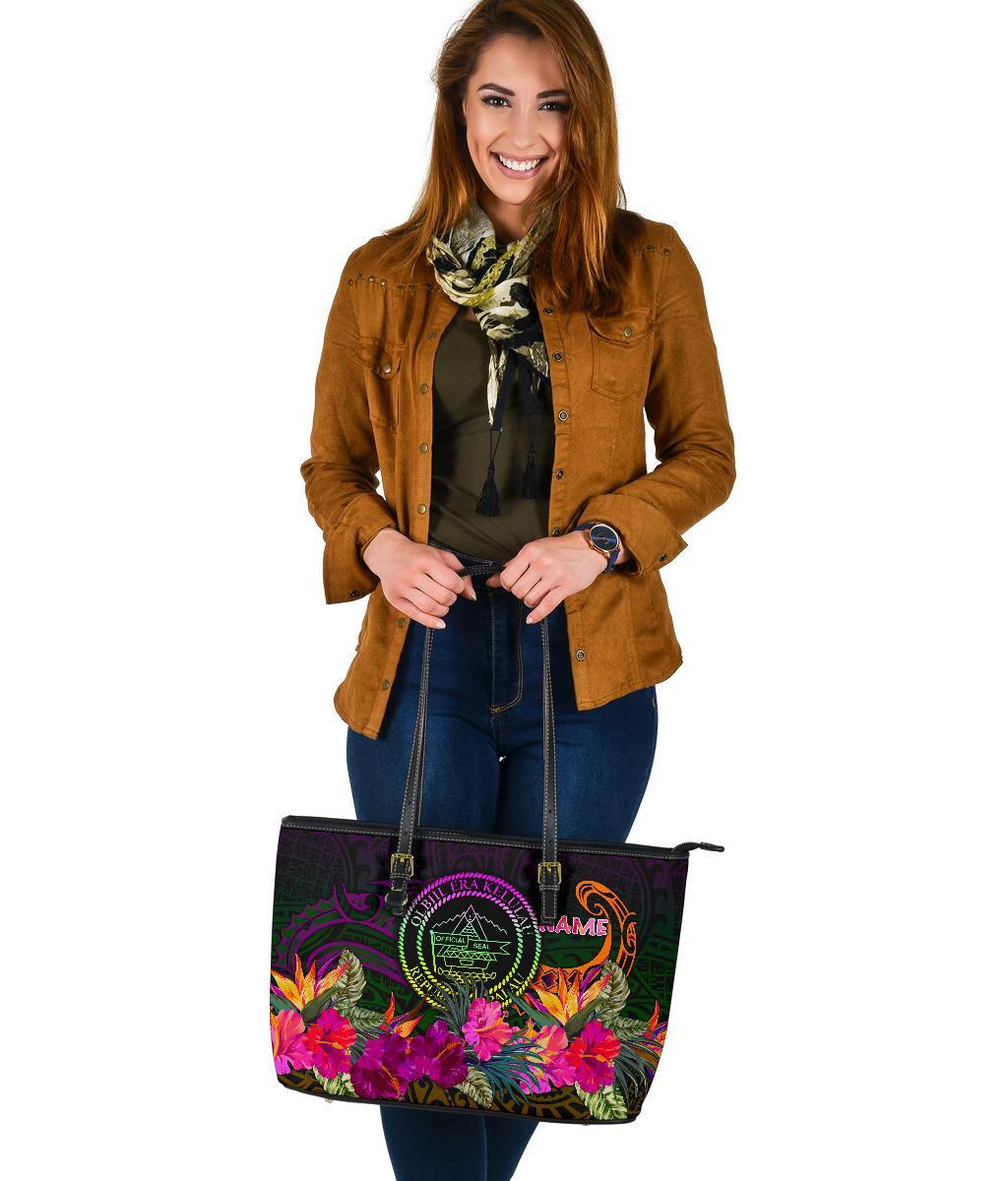 Palau Personalised Large Leather Tote Bag - Summer Hibiscus - Polynesian Pride