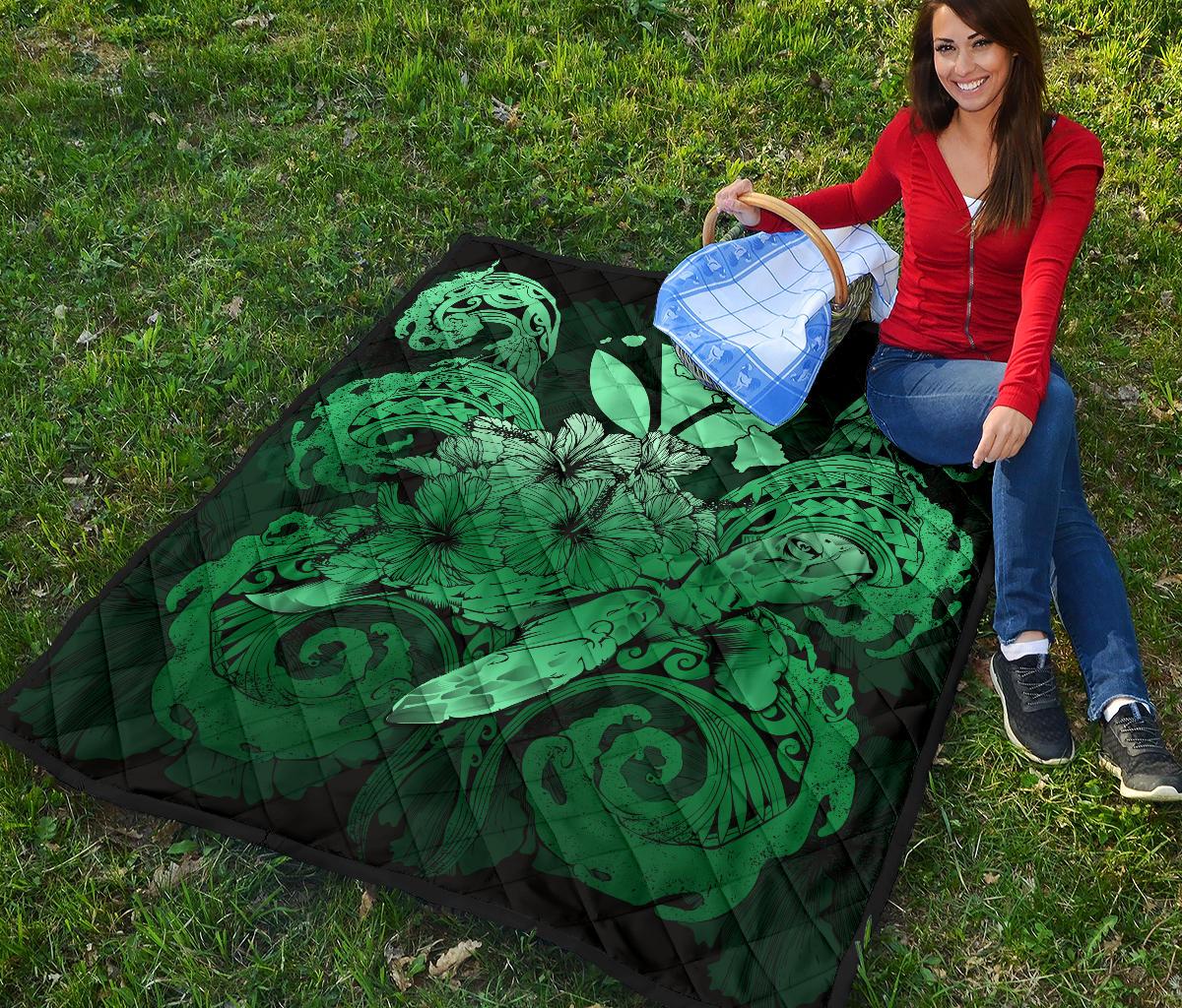 Hawaii Turtle Wave Polynesian Premium Quilt - Hey Style Green - Polynesian Pride