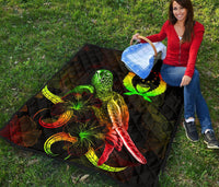Pohnpei Polynesian Premium Quilt - Turtle With Blooming Hibiscus Reggae - Polynesian Pride