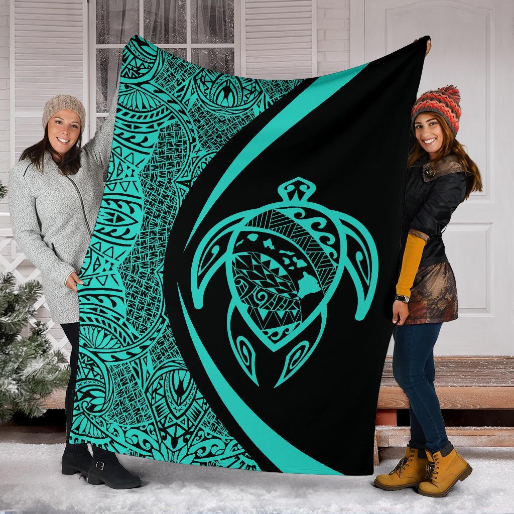 Hawaii Turtle Map Polynesian Premium Blanket - Turquoise - Circle Style - Polynesian Pride