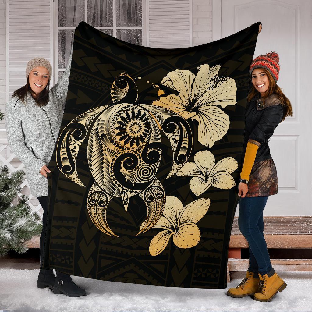 Hibiscus Plumeria Mix Polynesian Gold Turtle Premium Blanket - Polynesian Pride