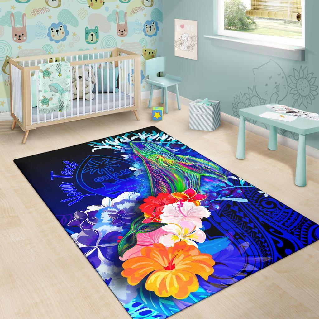 Guam Custom Personalised Area Rug - Humpback Whale with Tropical Flowers (Blue) - Polynesian Pride