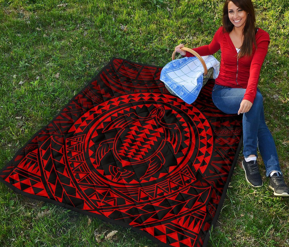 Hawaiian Kakau Honu Arc Red Polynesian Premium Quilt - Polynesian Pride