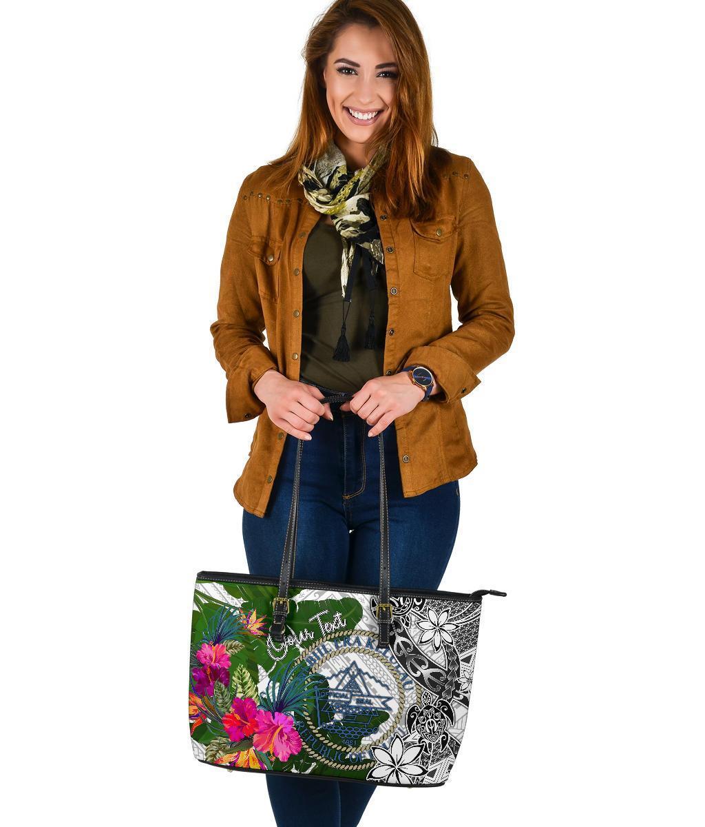 Palau Custom Personalised Large Leather Tote White - Turtle Plumeria Banana Leaf Crest - Polynesian Pride