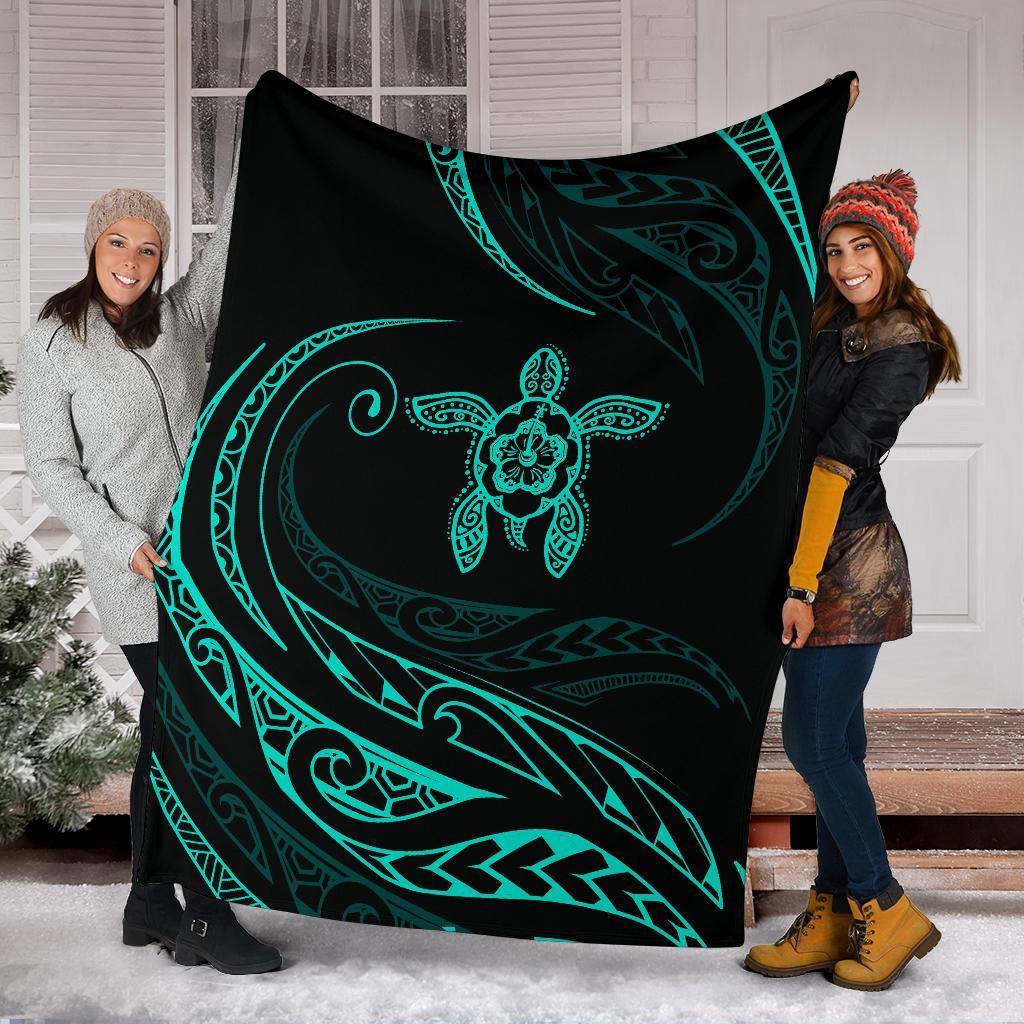 Hawaii Turtle Hibicus Premium Blanket - Frida Style - Turquoise - Polynesian Pride