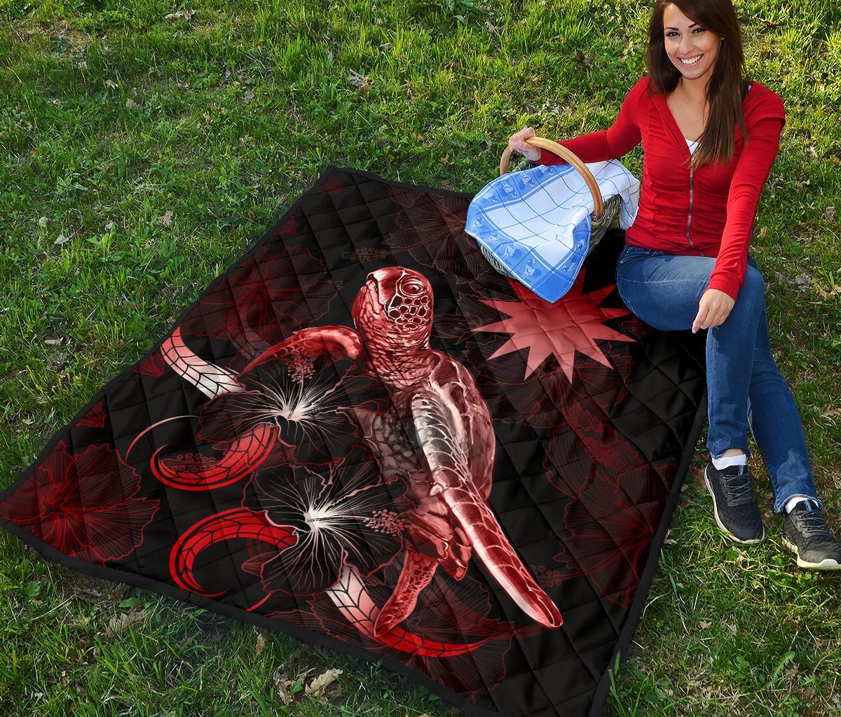 Nauru Polynesian Premium Quilt - Turtle With Blooming Hibiscus Red - Polynesian Pride