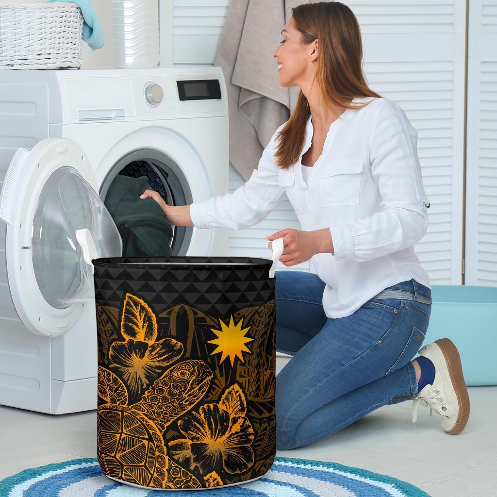 Nauru Laundry Basket - Polynesian Turtle Hibiscus Gold - Polynesian Pride