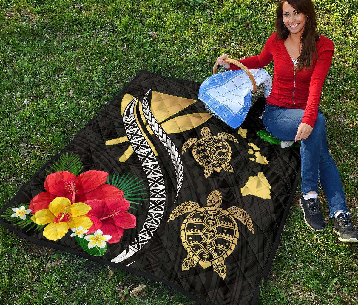 Hawaii Map Turtle Hibiscus Plumeria Polynesian - Premium Quilt AH - Polynesian Pride