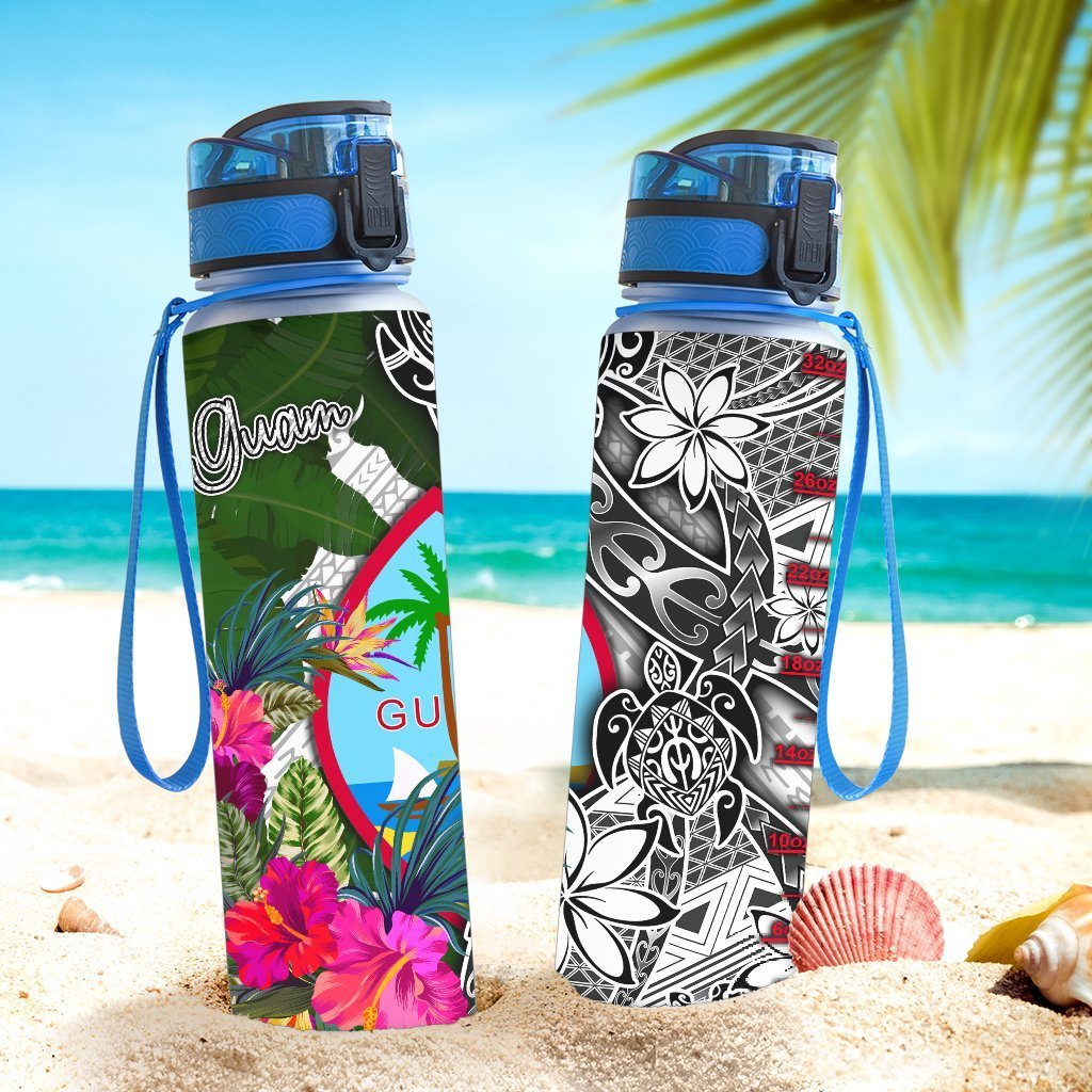Guam Hydro Tracking Bottle White - Turtle Plumeria Banana Leaf - Polynesian Pride