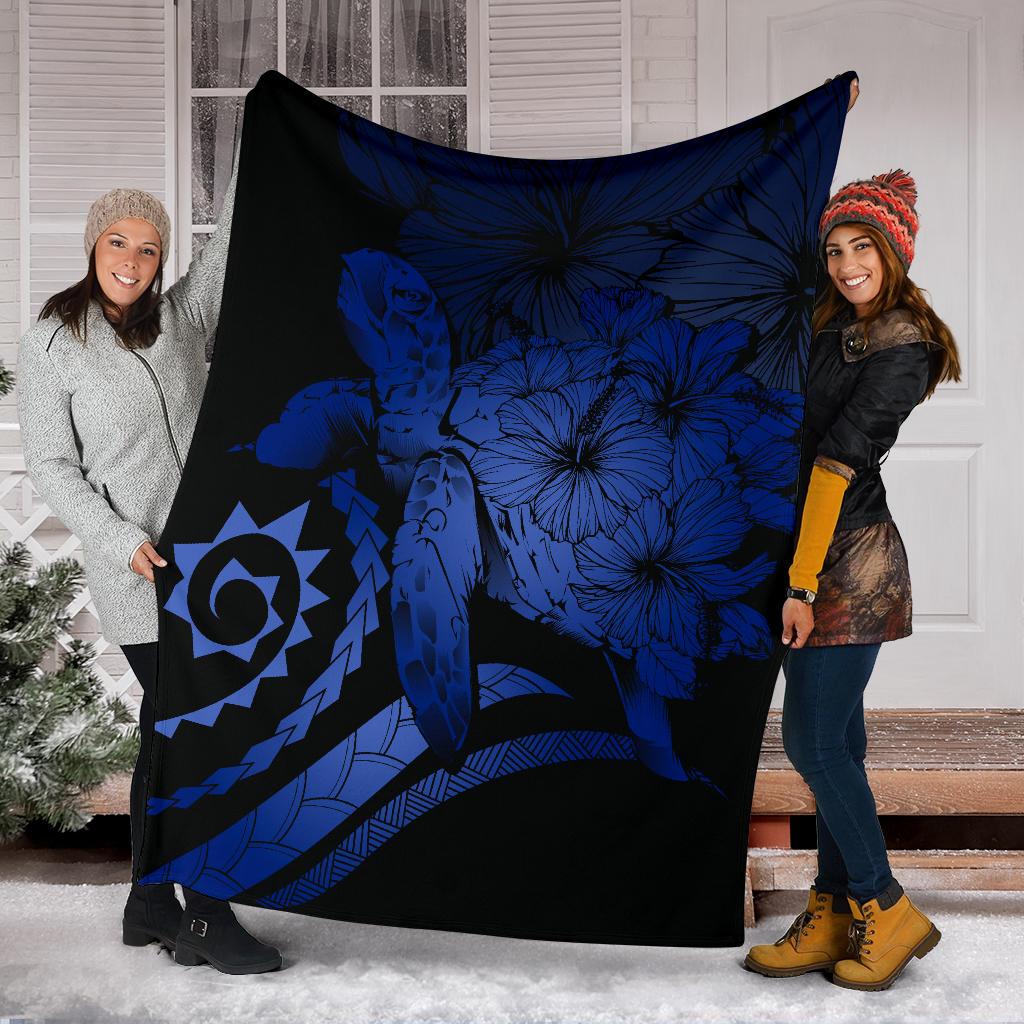 Hawaii Turtle Hibiscus Polynesian Vintage Premium Blanket - Blue - Polynesian Pride