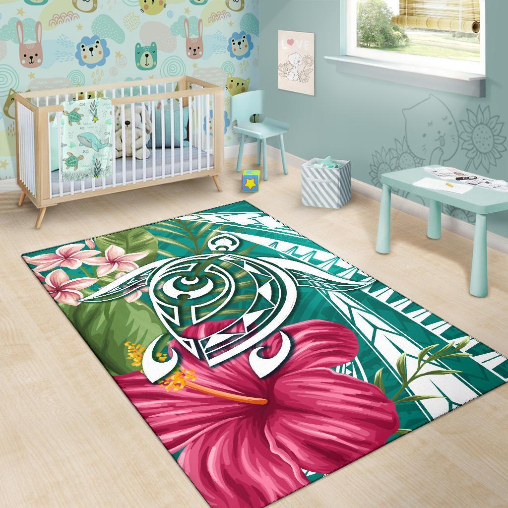 Hawaii Polynesian Turtle Tropical Hibiscus Plumeria Rug - Turquoise - Polynesian Pride