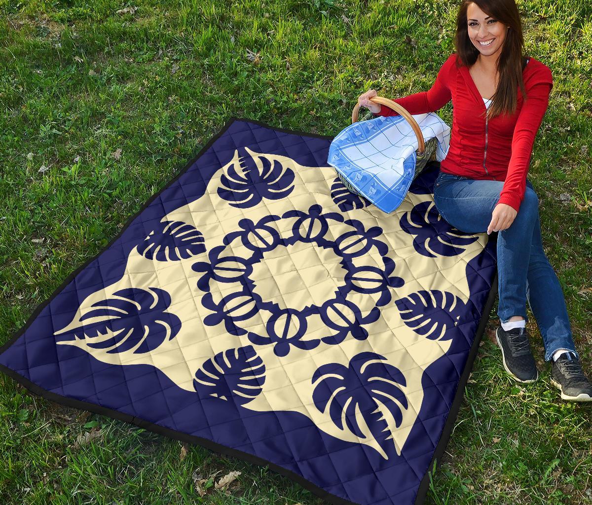 Hawaiian Turtle Coconut Pattern Premium Quilt - Blue - Argu Style - AH - Polynesian Pride
