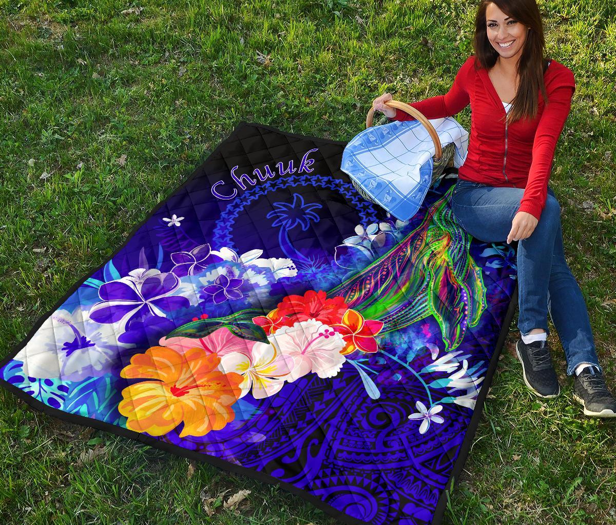 Chuuk Premium Quilt - Humpback Whale with Tropical Flowers (Blue) - Polynesian Pride