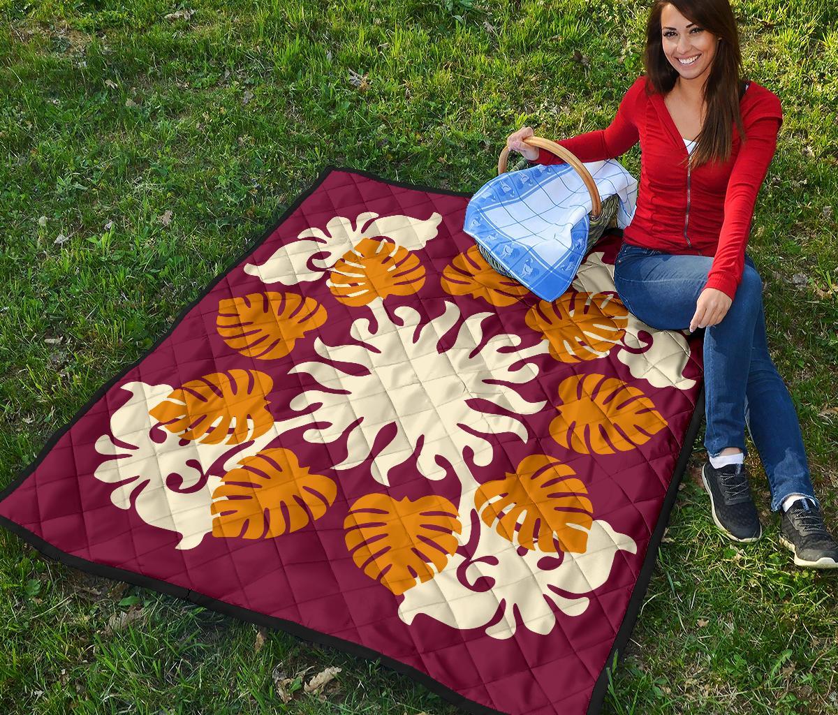 Hawaiian Tropical Pattern Premium Quilt - Burgundy - Argu Style - AH - Polynesian Pride