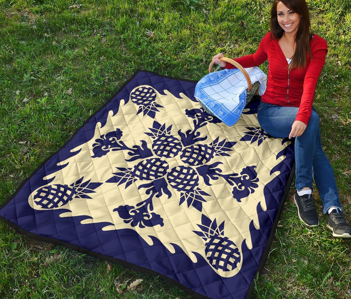 Hawaiian Pineapple Pattern Premium Quilt - Blue - Argu Style - AH - Polynesian Pride