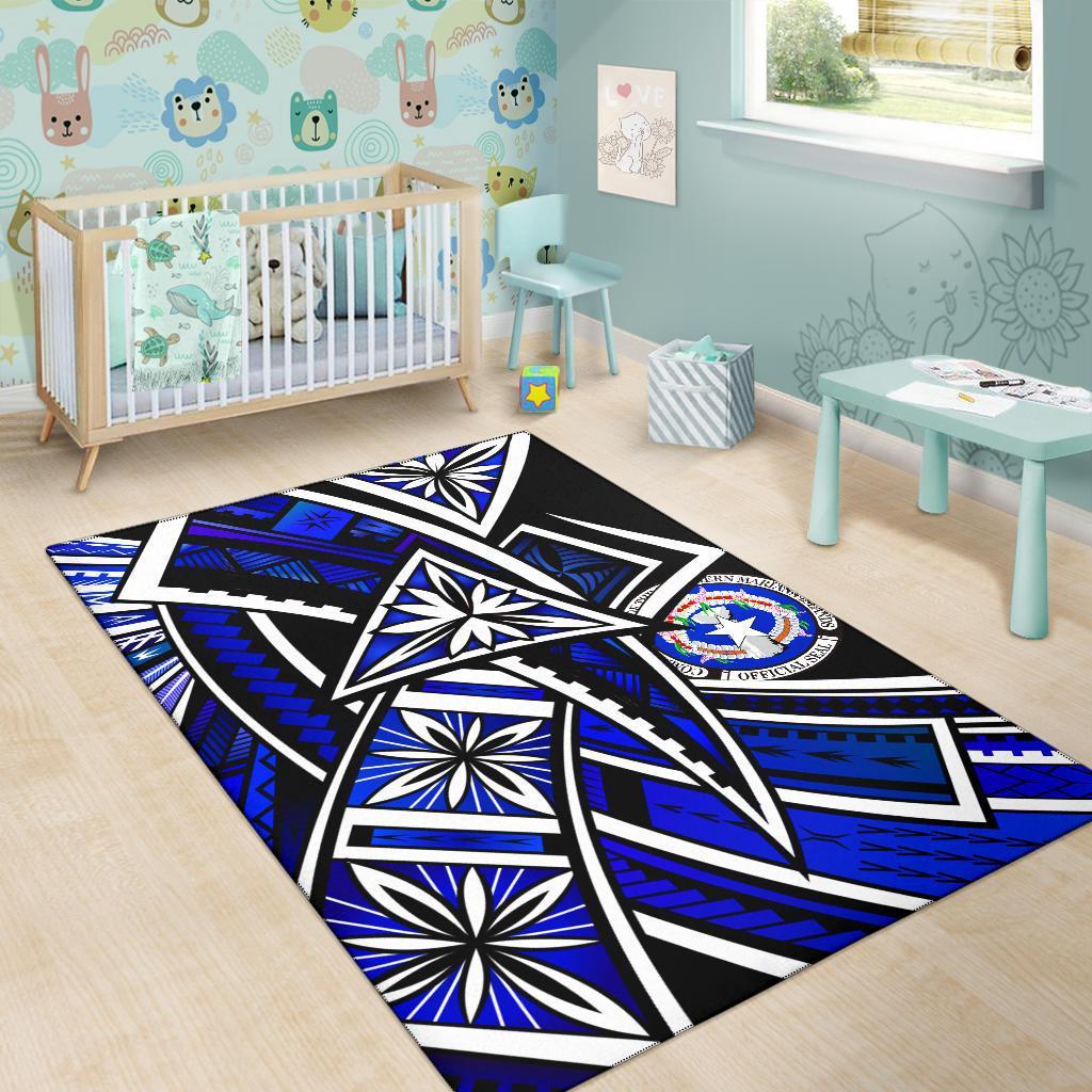 Northern Mariana Islands Area Rug - Tribal Flower Special Pattern Blue Color - Polynesian Pride
