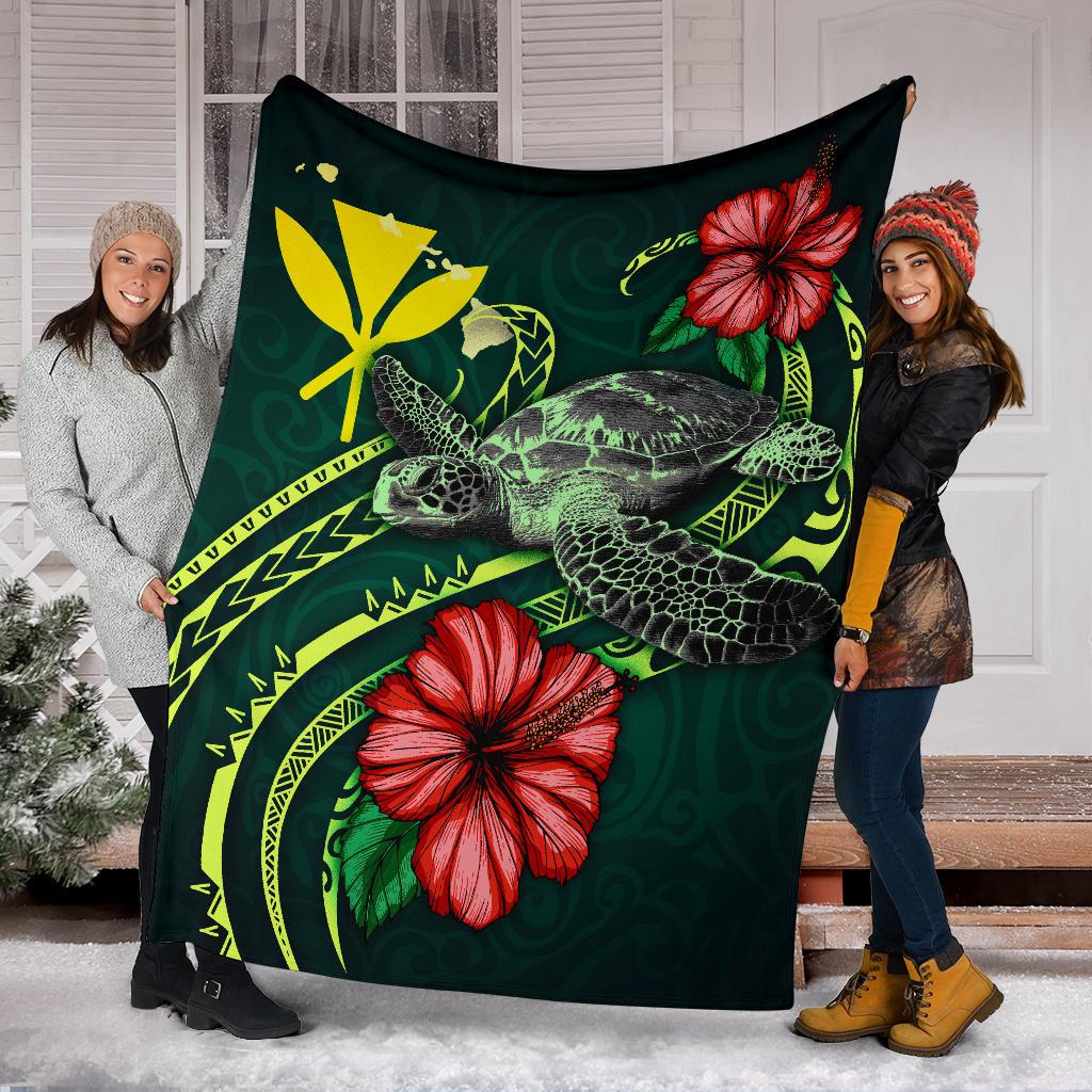 Hawaii Polynesian Premium Blanket - Green Turtle Hibiscus - Polynesian Pride