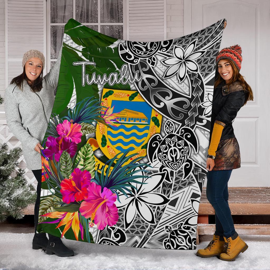 Tuvalu Premium Blanket White - Turtle Plumeria Banana Leaf White - Polynesian Pride