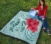 Hawaii Polynesian Turtle Hibiscus Blue Premium Quilt - Bless Style - Polynesian Pride