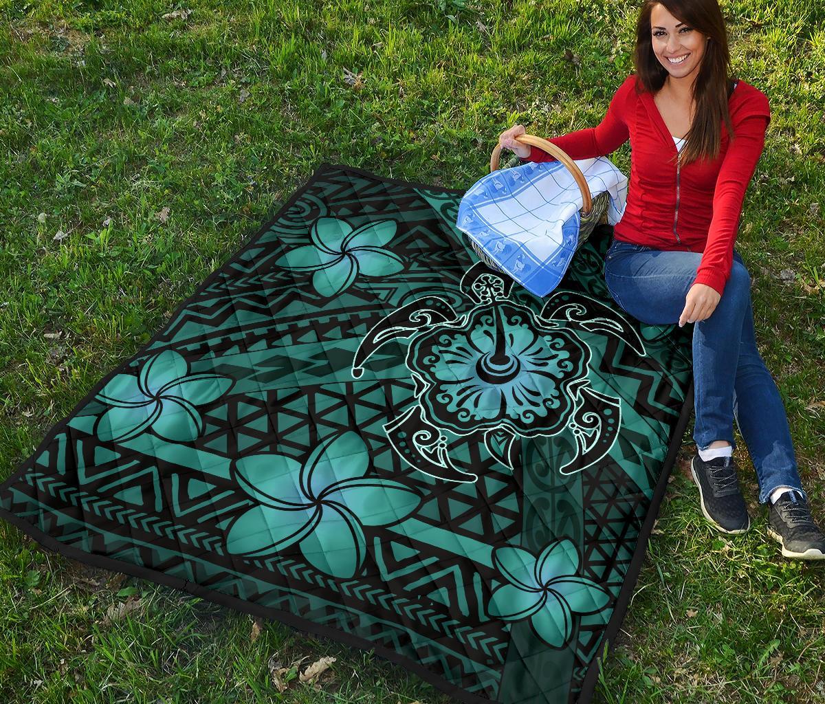 Hawaii Mix Polynesian Turtle Plumeria Premium Quilt - AH - Nick Style - Turquoise - Polynesian Pride