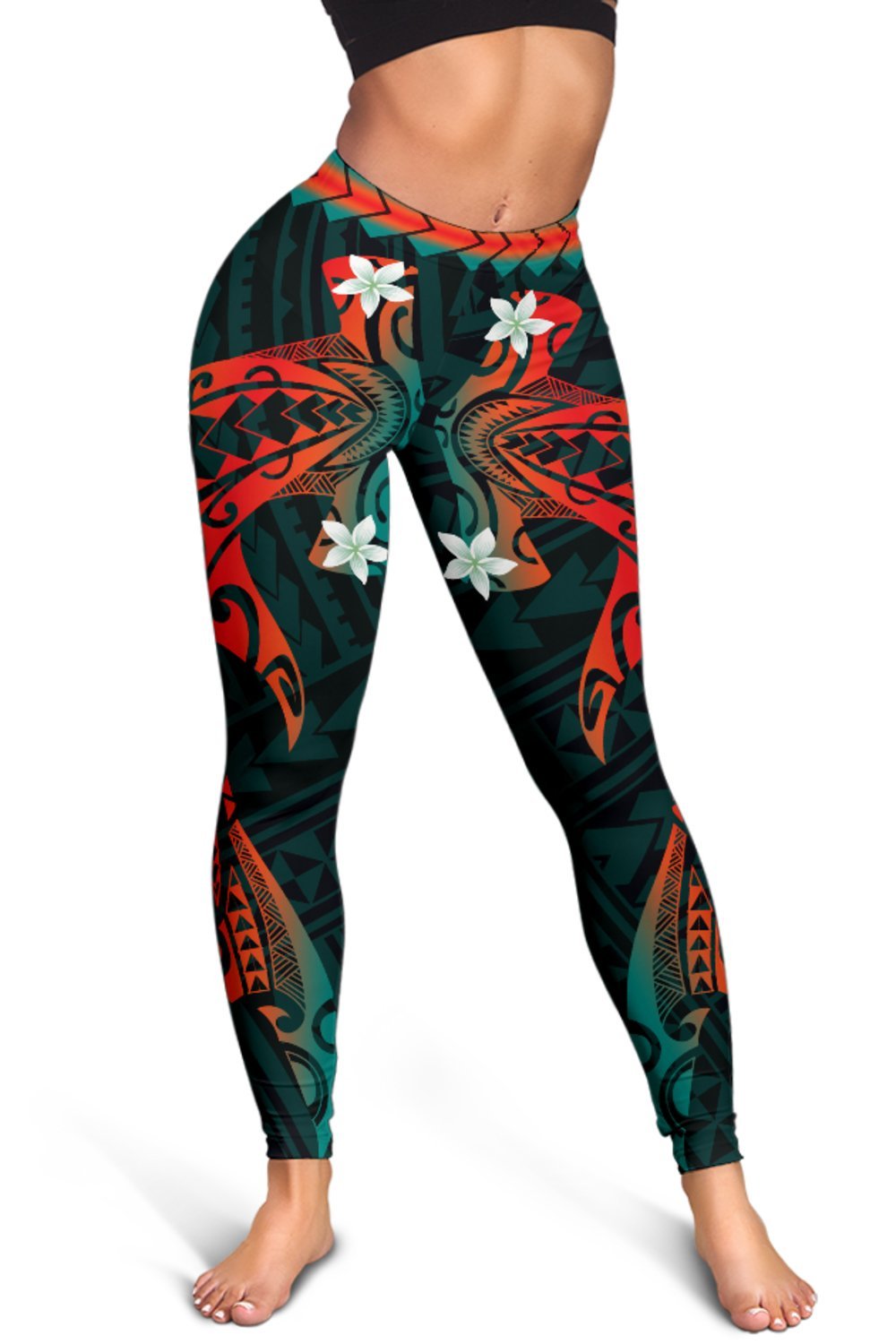 Hawaiian Plumeria Shark Polynesian Women's Leggings - Alan Style - AH - Polynesian Pride