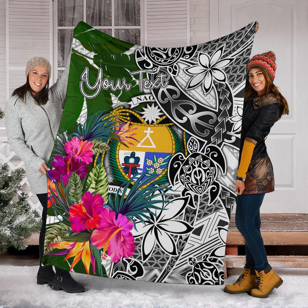Nauru Custom Personalised Premium Blanket White - Turtle Plumeria Banana Leaf Crest White - Polynesian Pride