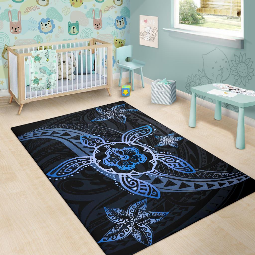Kanaka Map Hibiscus Plumeria Turtle Art Polynesian Area Rug Blue AH - Polynesian Pride