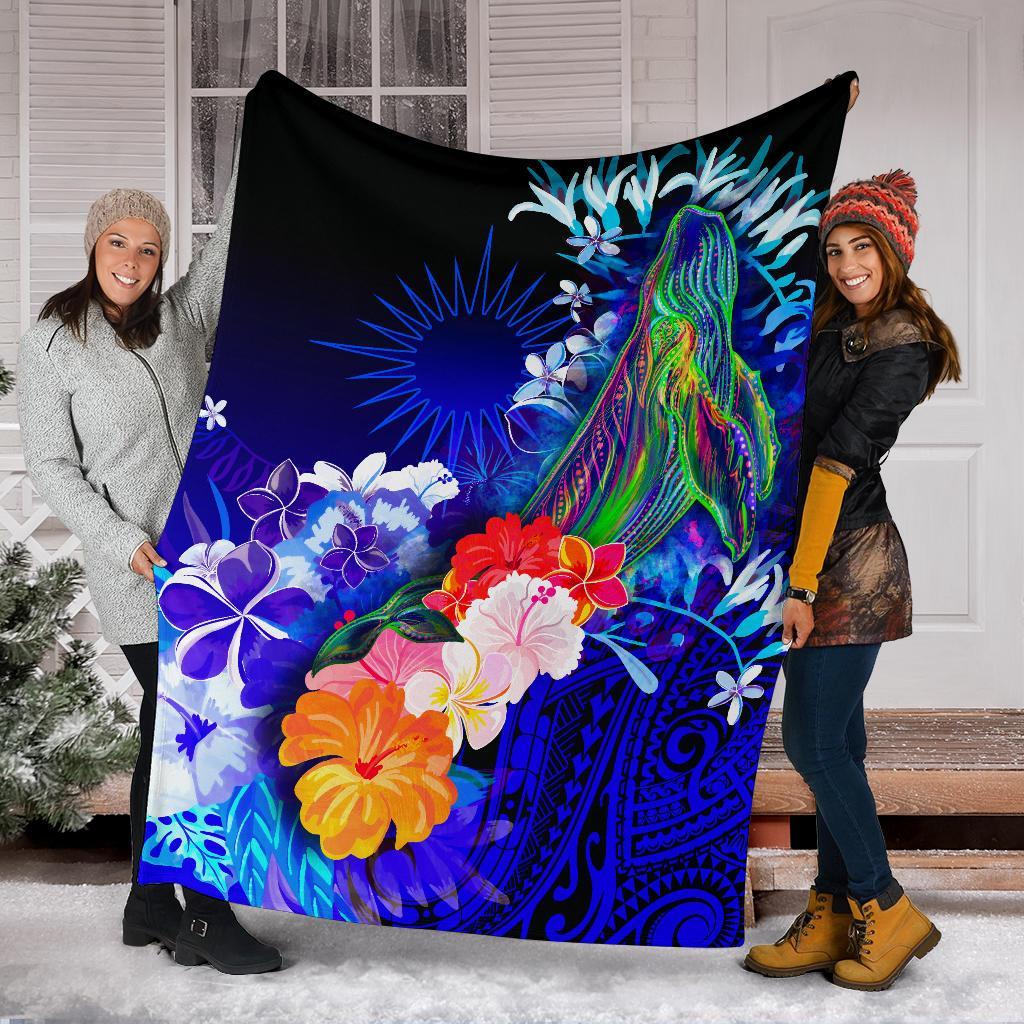 Marshall Islands Premium Blanket - Humpback Whale with Tropical Flowers (Blue) - Polynesian Pride