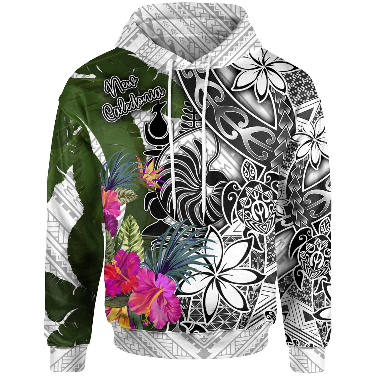 New Caledonia Hoodie White Turtle Plumeria Banana Leaf Unisex White - Polynesian Pride