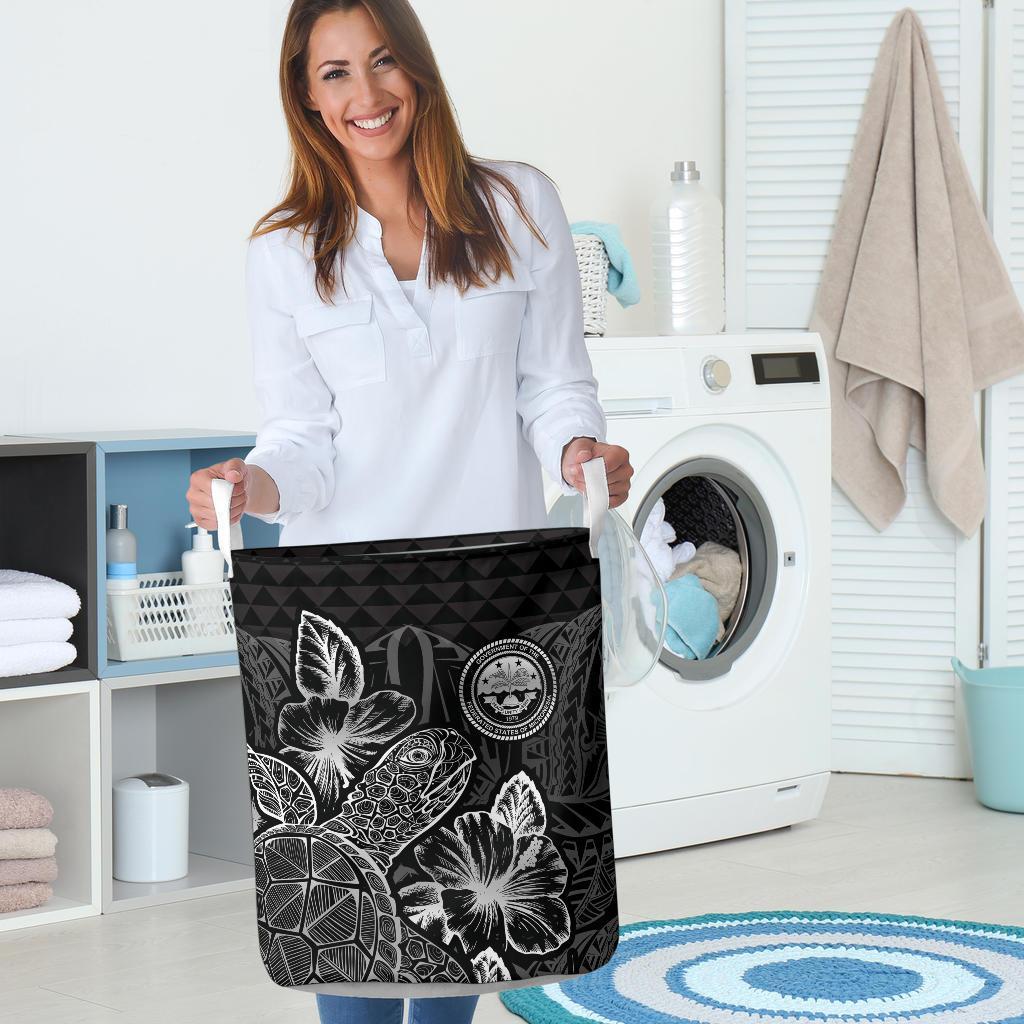 Federated States Of Micronesia Laundry Basket - Polynesian Turtle Hibiscus Black - Polynesian Pride