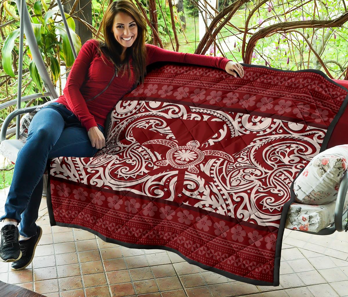 Hawaii Luxury Premium Quilt Red - Kanaka Maoli Turtle Polynesian Tattoo Pattern - Polynesian Pride