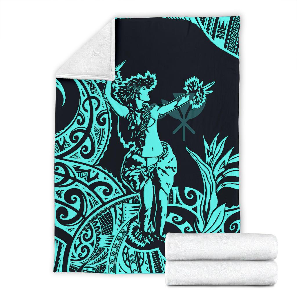 Polynesian Hawaii Premium Blanket - Hula Girl Neon Blue - Polynesian Pride