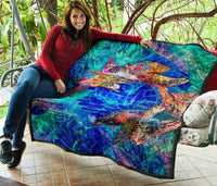 Tahiti Polynesian Premium Quilt - Tahiti Flag Sea Turtle Coral Treasure - Polynesian Pride