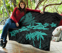 Hawaii Turtle Plumeria Coconut Tree Polynesian Premium Quilt - Turquoise - Polynesian Pride