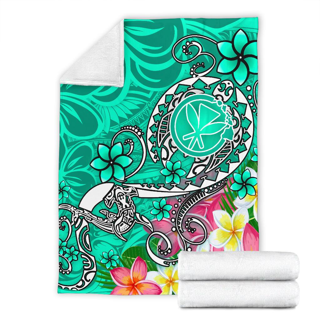 Hawaii Premium Blanket- Turtle Plumeria Polynesian Tattoo Turquoise Color - Polynesian Pride