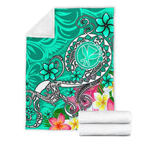 Hawaii Premium Blanket- Turtle Plumeria Polynesian Tattoo Turquoise Color - Polynesian Pride