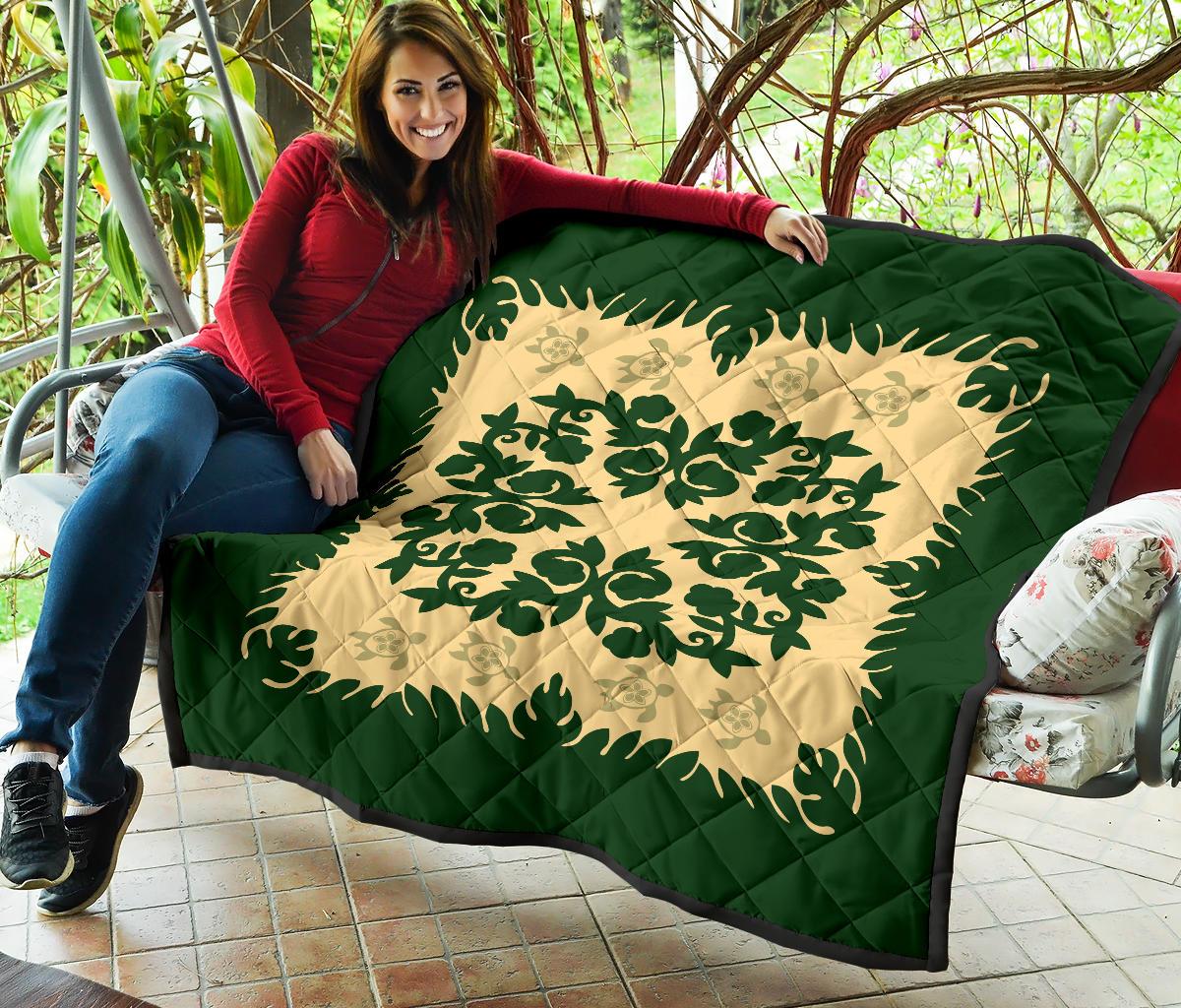 Hawaii Premium Quilt - Hawaiian Quilt Plumeria Medallion Green Premium Quilt - AH - Polynesian Pride