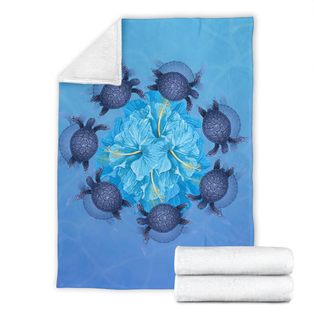 Hawaii Turtle Hibiscus Blue Premium Blanket - Polynesian Pride