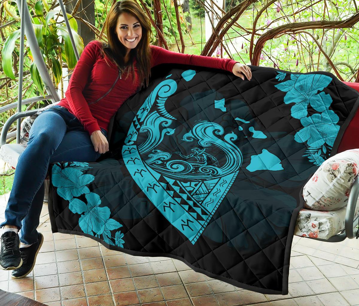 Hawaii Hibiscus Banzai Surfing Premium Quilt Blue - Polynesian Pride