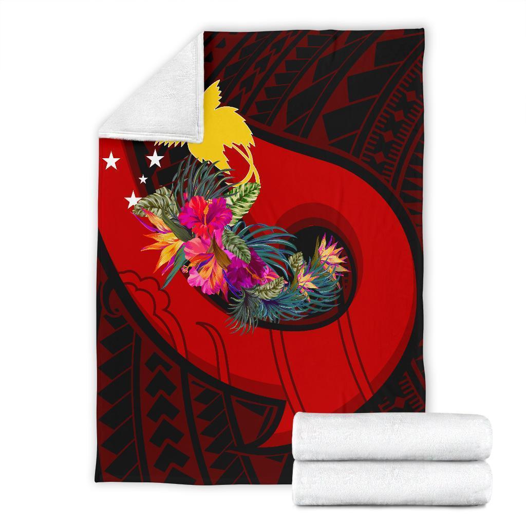 Papua New Guinea Premium Blanket - Polynesian Hook And Hibiscus (Red) - Polynesian Pride