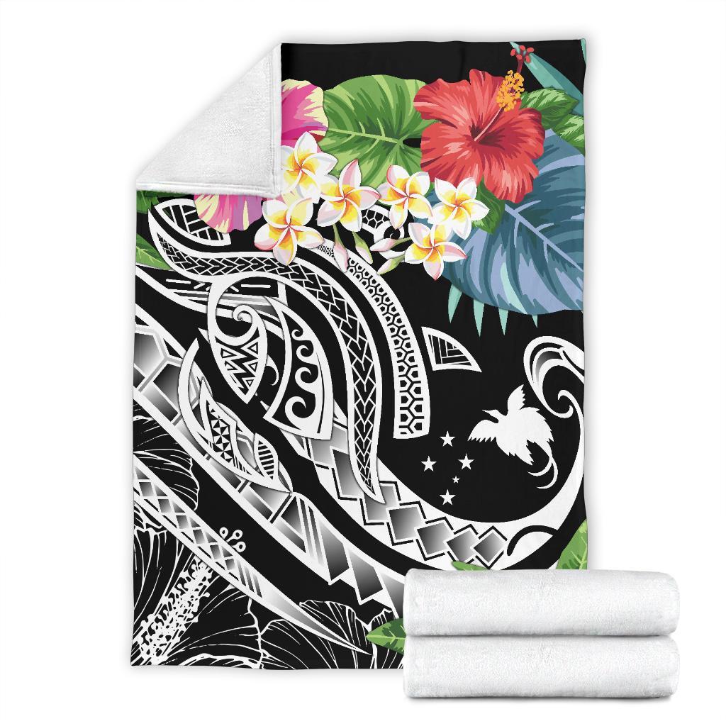Papua New Guinea Polynesian Premium Blanket - Summer Plumeria (Black) - Polynesian Pride