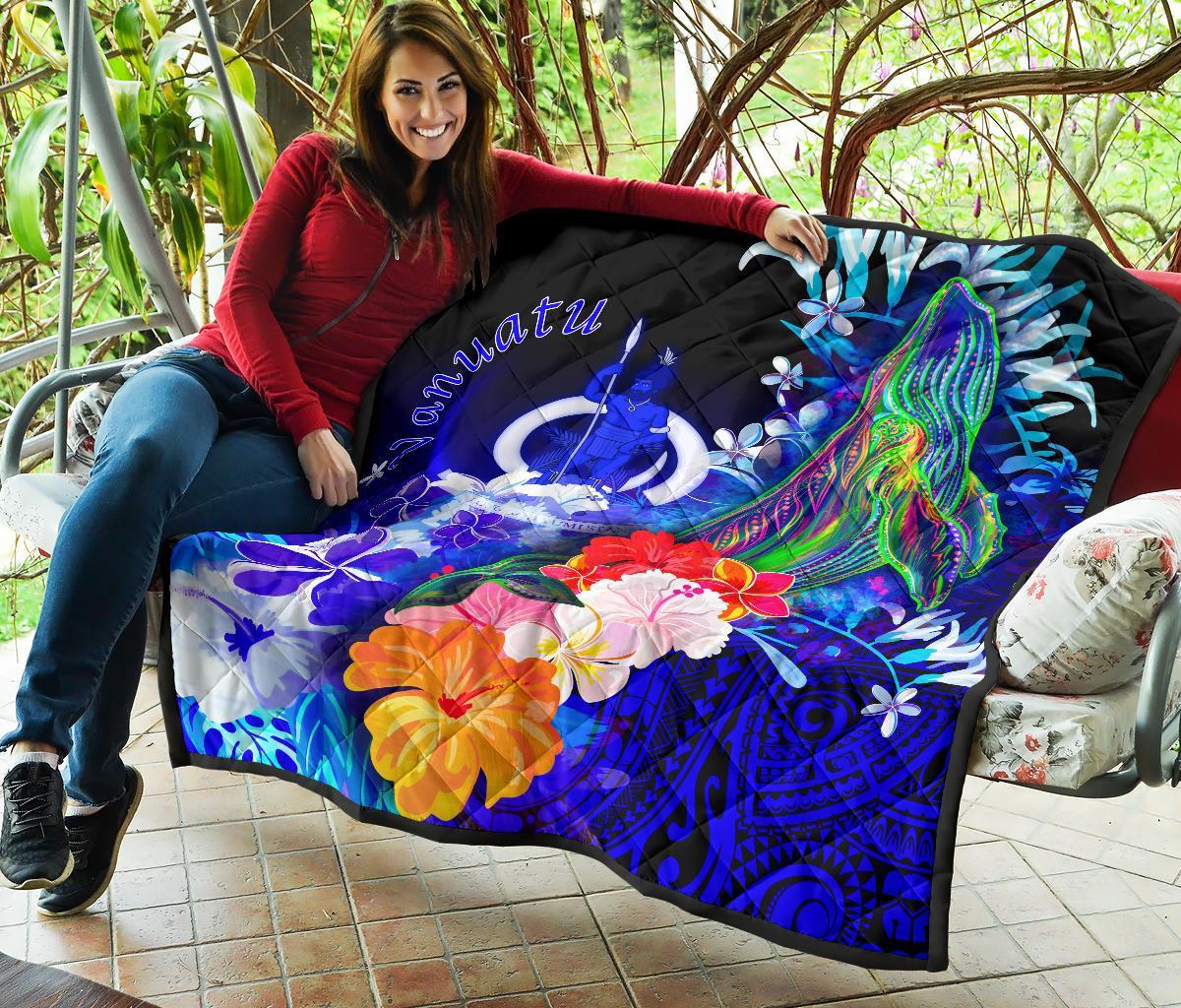 Vanuatu Premium Quilt - Humpback Whale with Tropical Flowers (Blue) - Polynesian Pride