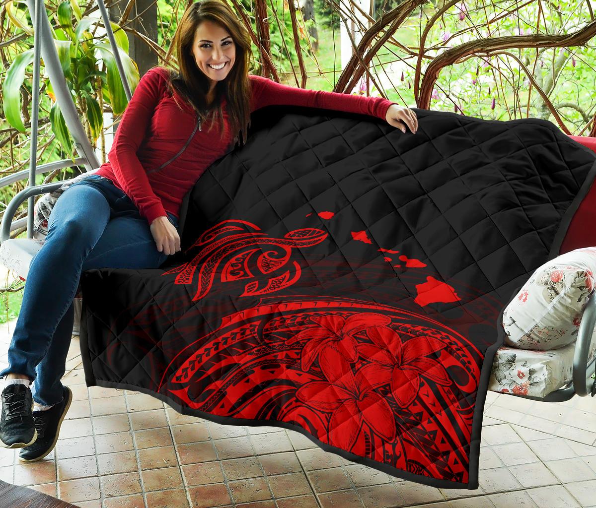 Hawaii Map Plumeria Polynesian Red Premium Quilt - Polynesian Pride