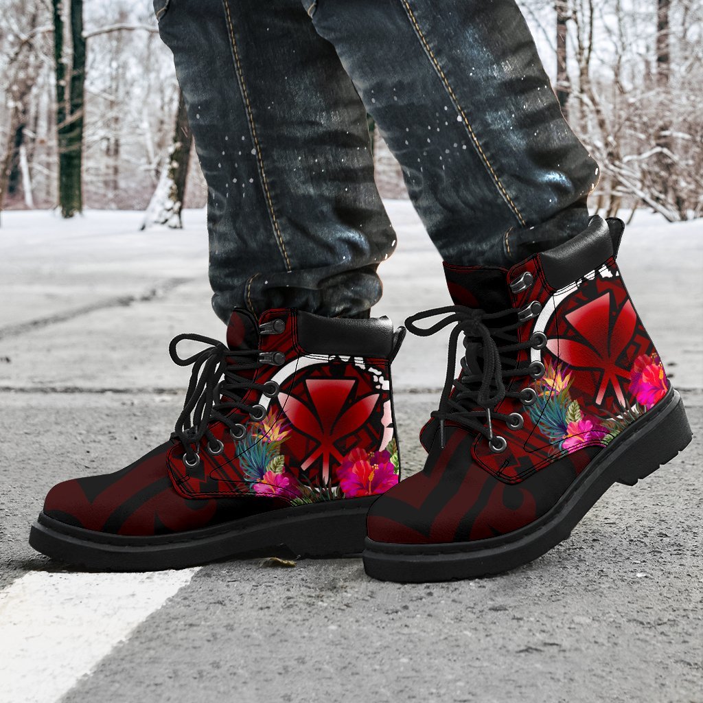 Hawaii All - Season Bootts - Kanaka Maoli With Hibiscus On Polynesian Patterns (Red) - Polynesian Pride