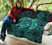 Hawaii Turtle Kanaka Map Hibiscus Poly Premium Quilt - Turquoise - Polynesian Pride