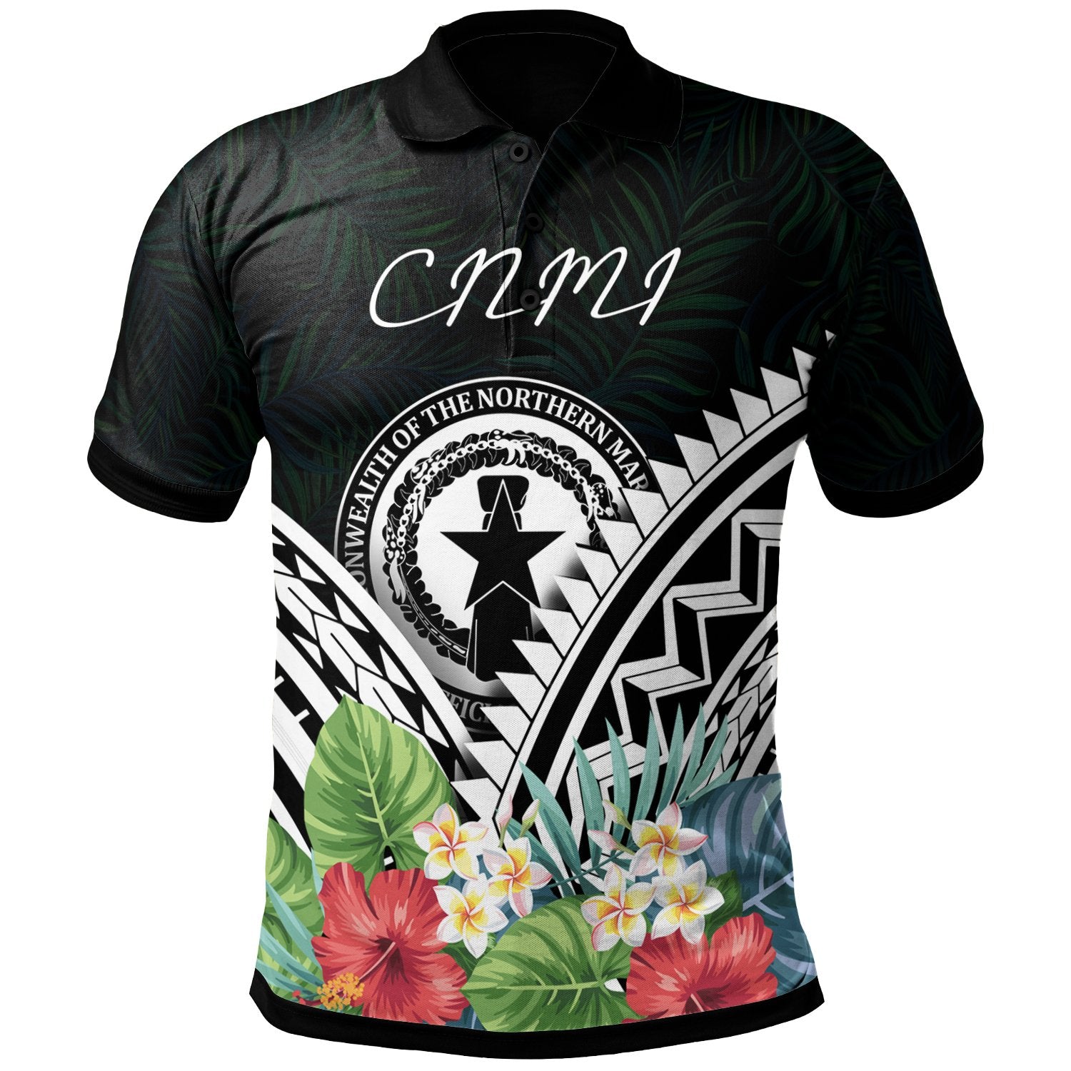 CNMI Polo Shirt CNMI Coat of Arms and Polynesian Tropical Flowers White Unisex White - Polynesian Pride