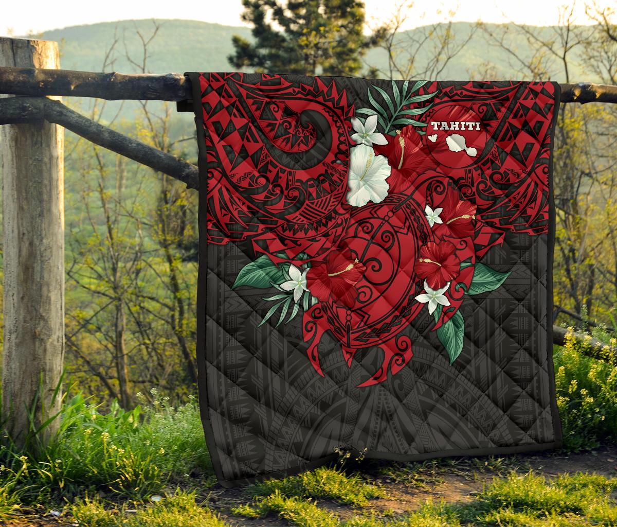 Tahiti Polynesian Premium Quilt - Hibiscus and Sea Turtle (Red) - Polynesian Pride
