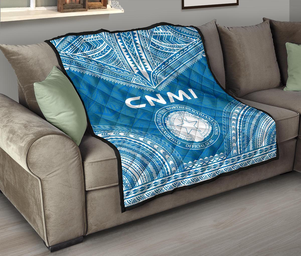 Northern Mariana Islands Premium Quilt - CNMI Seal Polynesian Chief Light Blue Version - Polynesian Pride